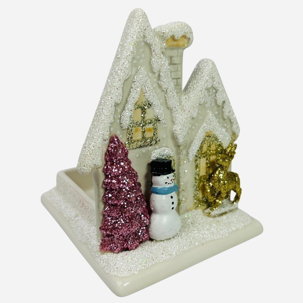 Bath & Body Works Candle Holder Holiday House with Snowman Reindeer & Pink Tree